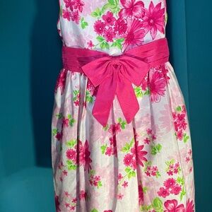 Girls Pink Floral Bow-Accent Party Dress